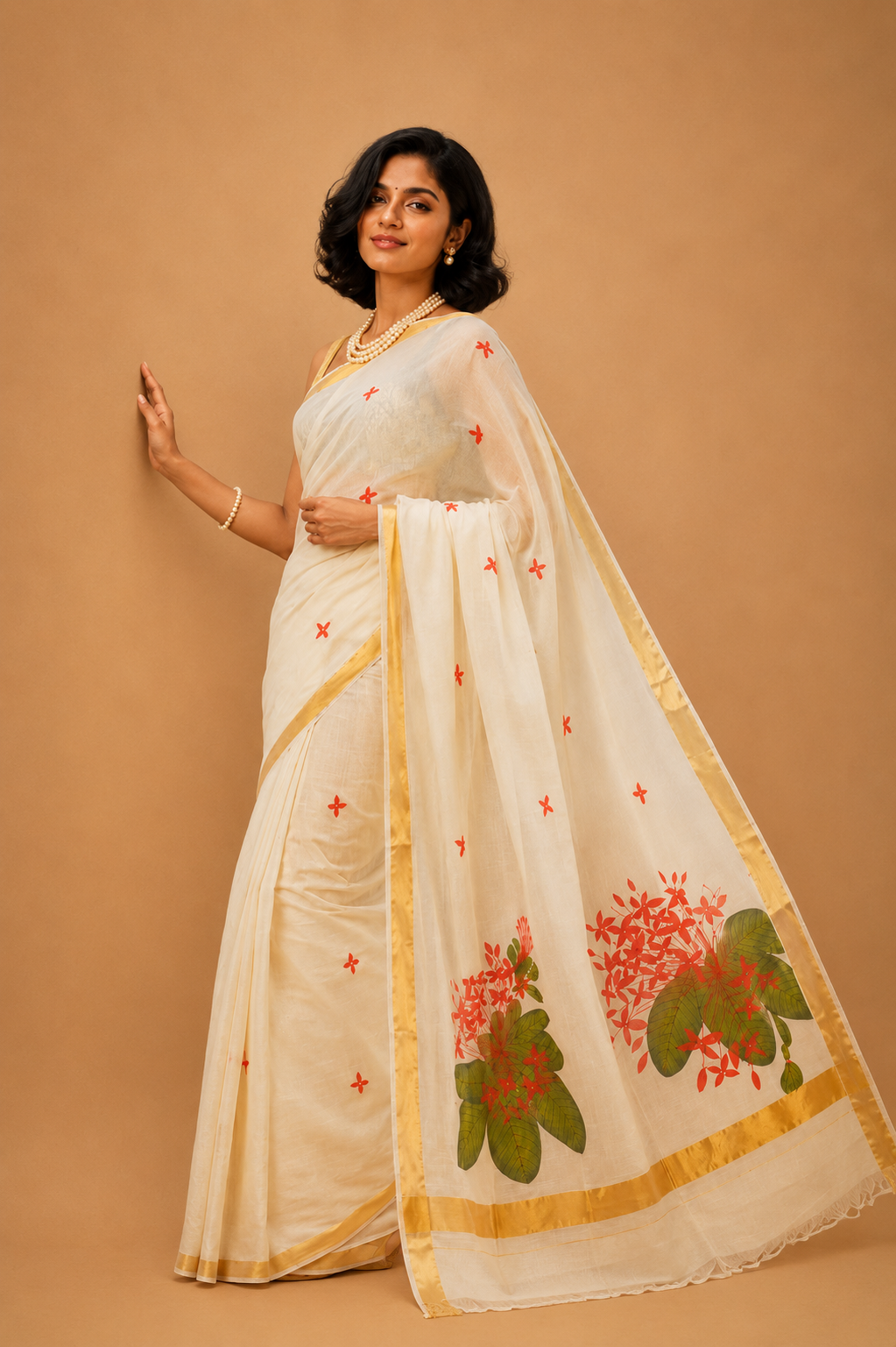 തെച്ചി (Thechi) - Hand Painted Kerala Kasavu Saree