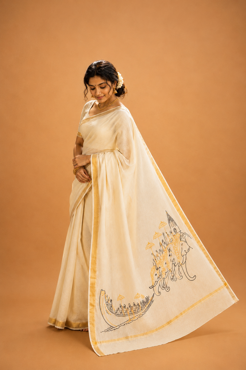 Mangalam (മംഗളം) – Hand-Painted Kerala Kasavu Saree