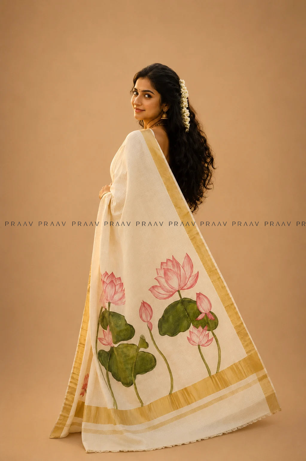 Kamalam (കമലം) – Hand-Painted Lotus Kerala Kasavu Saree
