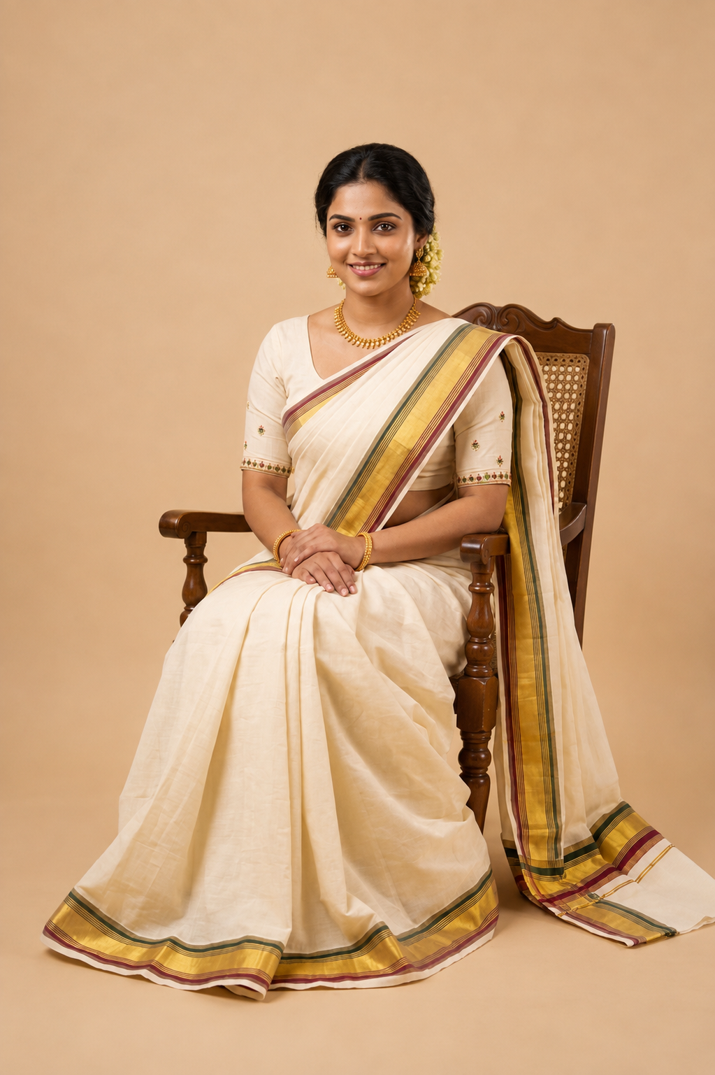 Natural Off White Kasavu Saree with Golden & Green Border