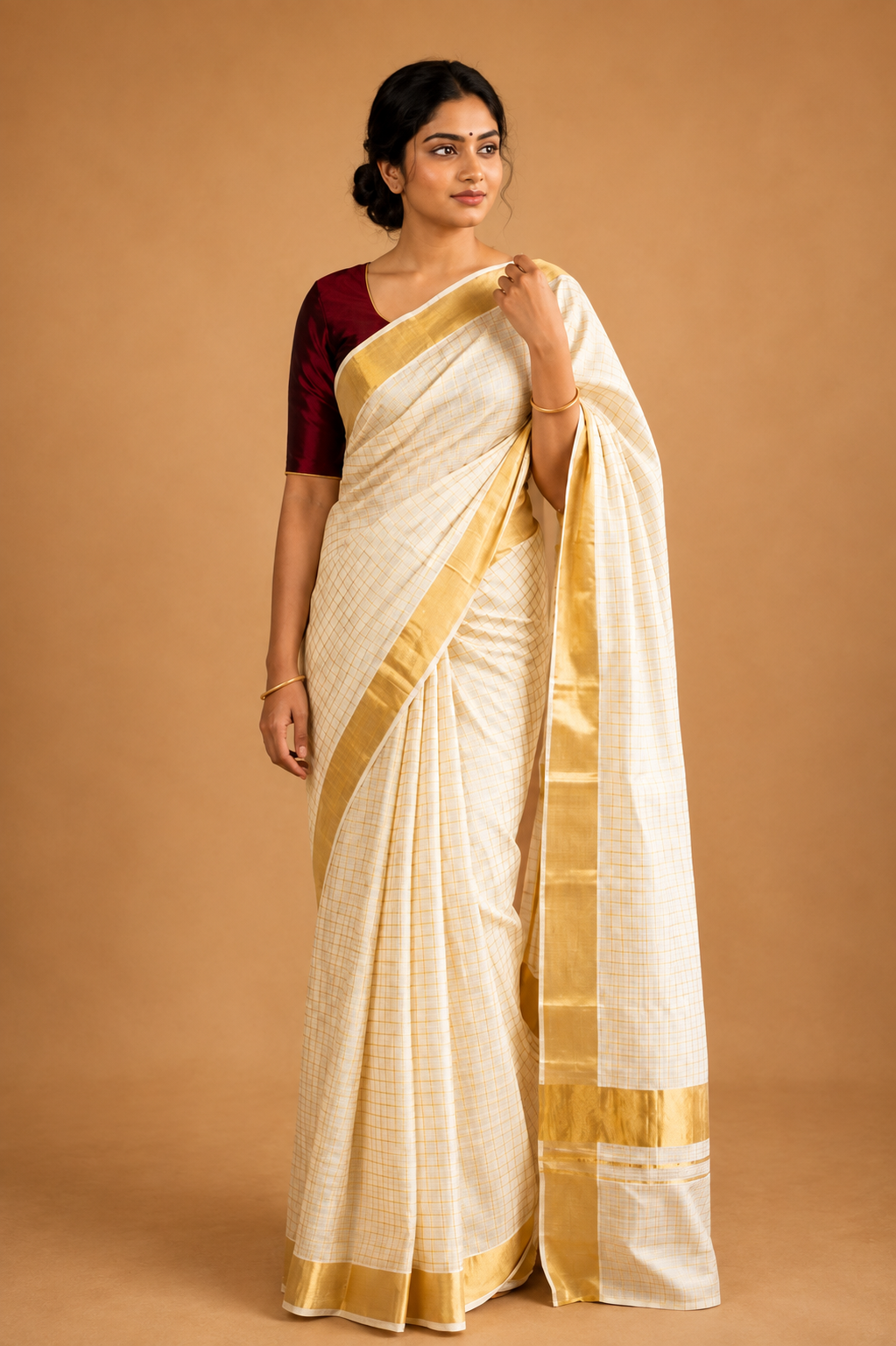 Svarna – Golden Checked Kasavu Saree