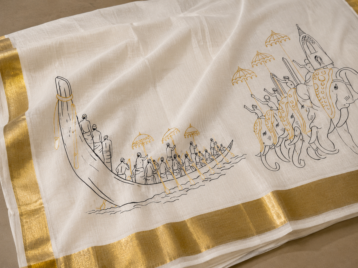 Mangalam (മംഗളം) – Hand-Painted Kerala Kasavu Saree