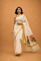 തെച്ചി (Thechi) - Hand Painted Kerala Kasavu Saree