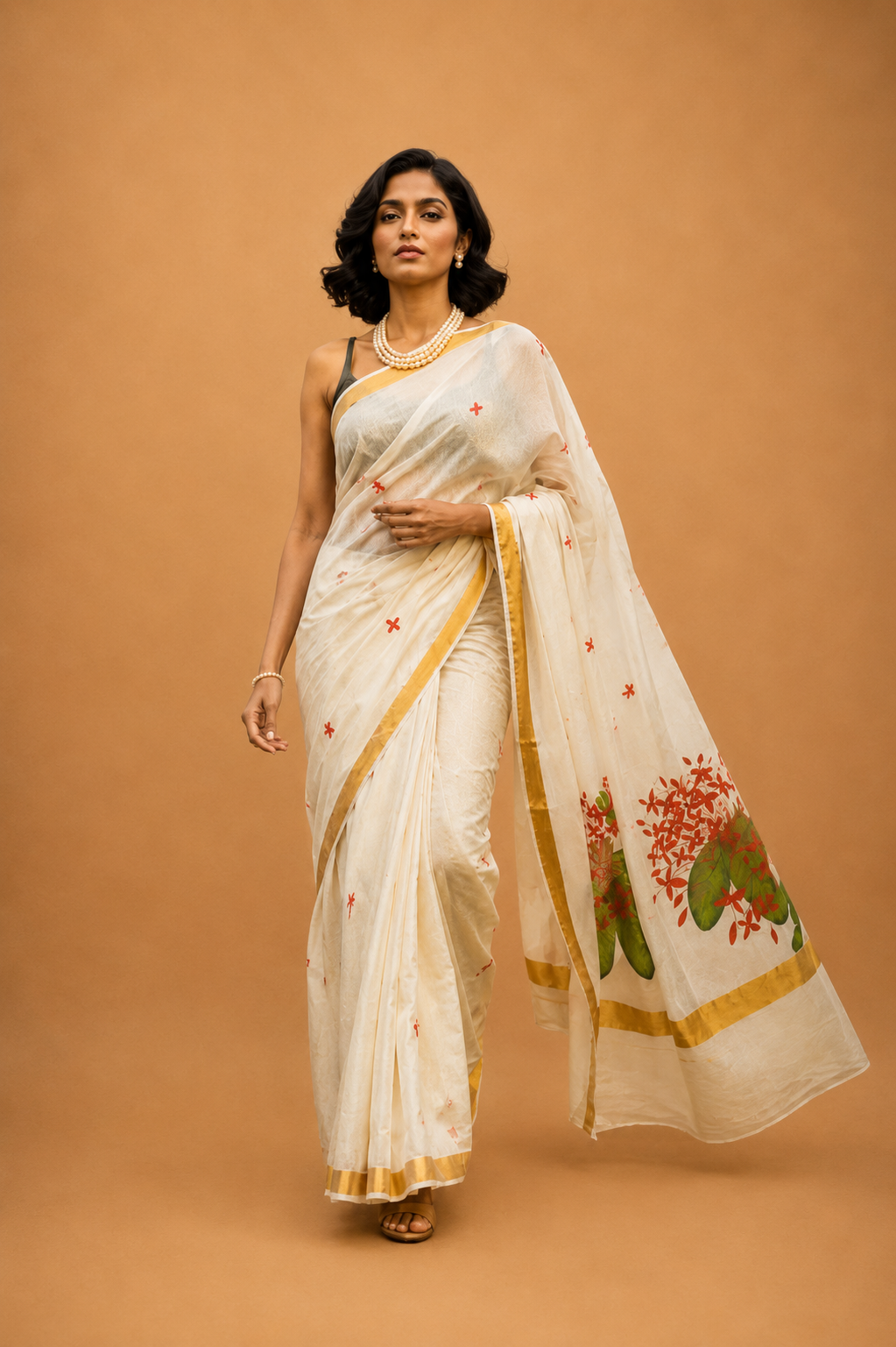തെച്ചി (Thechi) - Hand Painted Kerala Kasavu Saree
