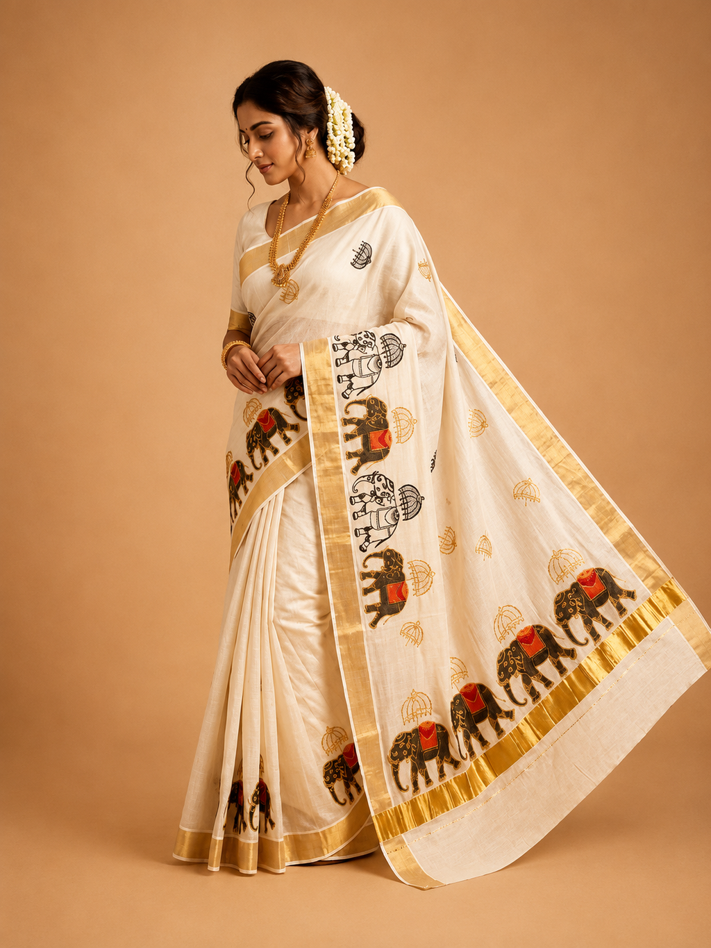 Gajaraja – Embroidered Tissue Kasavu Saree