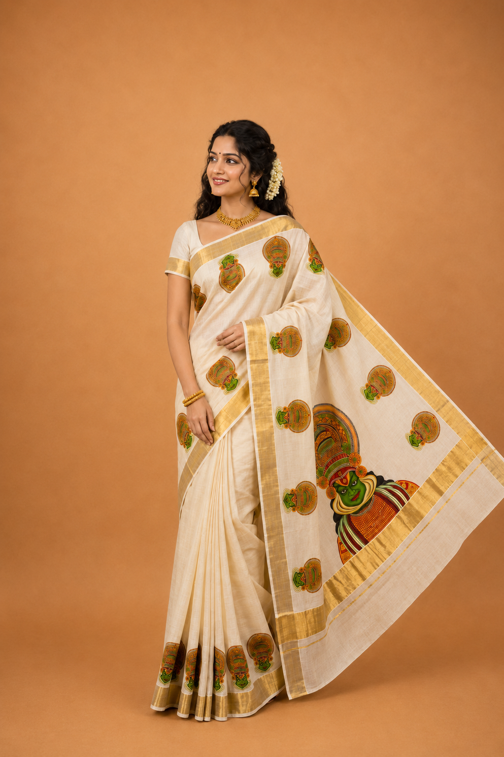 Kathakali കഥകളി Printed Kasavu Saree
