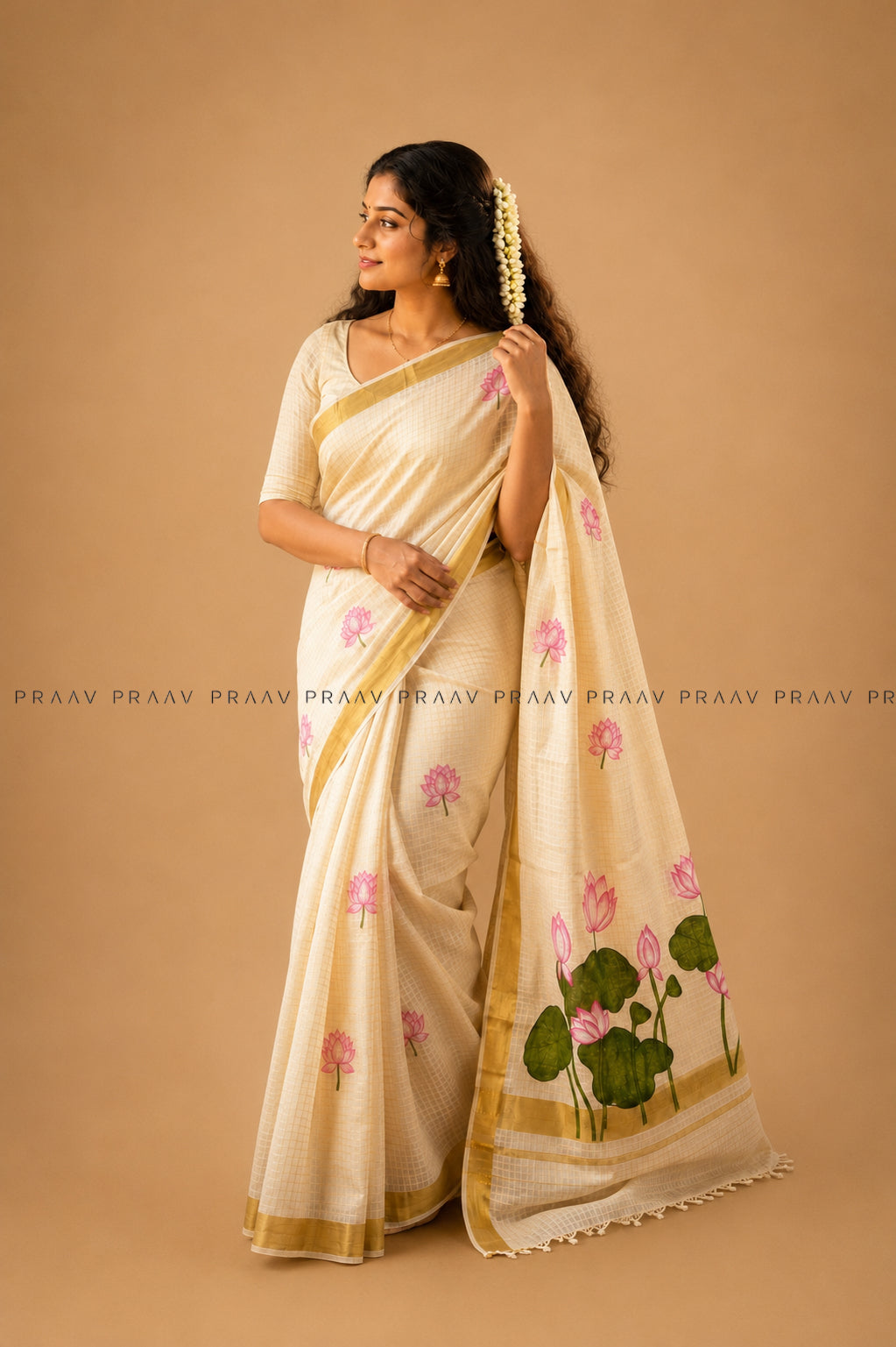 Kamalam (കമലം) – Hand-Painted Lotus Kerala Kasavu Saree