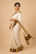 Natural Off White Kasavu Saree with Golden & Green Border