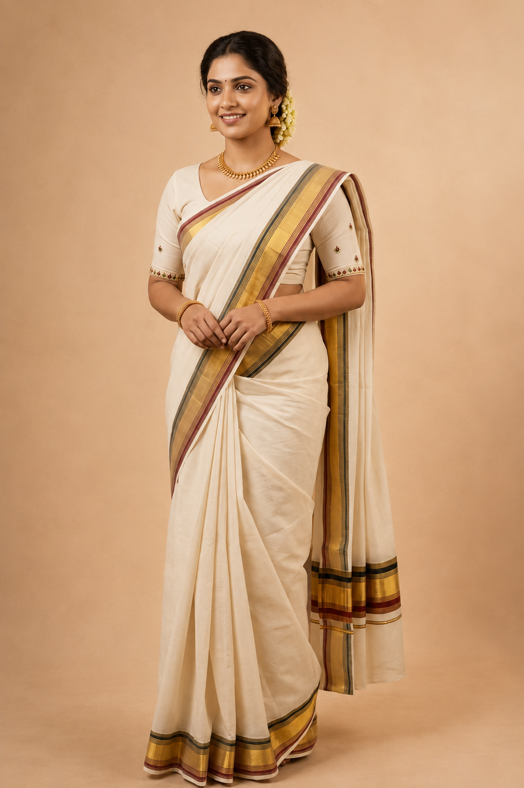 Natural Off White Kasavu Saree with Golden & Green Border