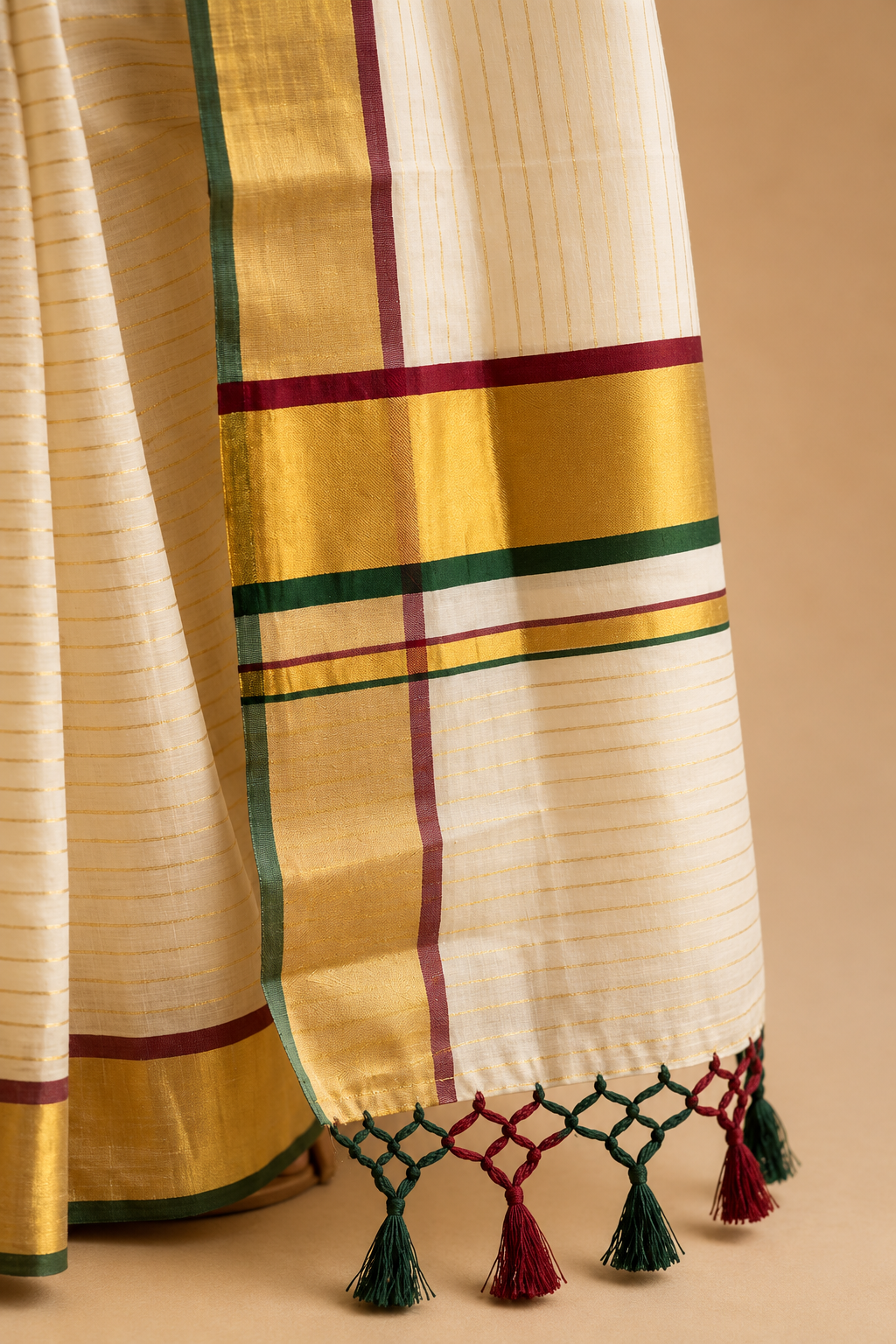 Kerala Tissue Kasavu Saree – Maroon & Green Border