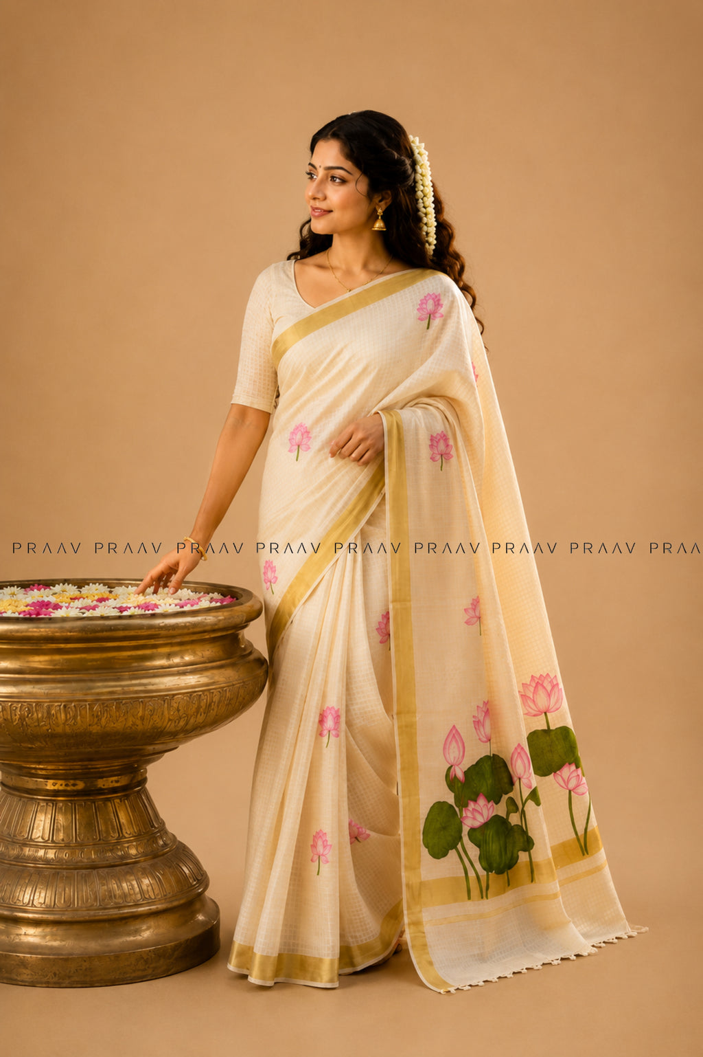 Kamalam (കമലം) – Hand-Painted Lotus Kerala Kasavu Saree