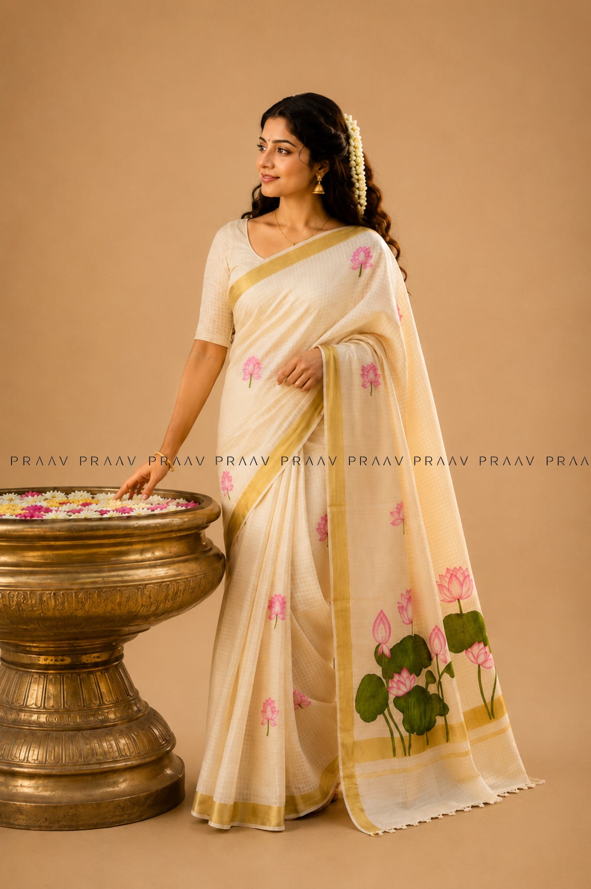 Kamalam (കമലം) – Hand-Painted Lotus Kerala Kasavu Saree