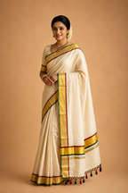 Kerala Tissue Kasavu Saree – Maroon & Green Border
