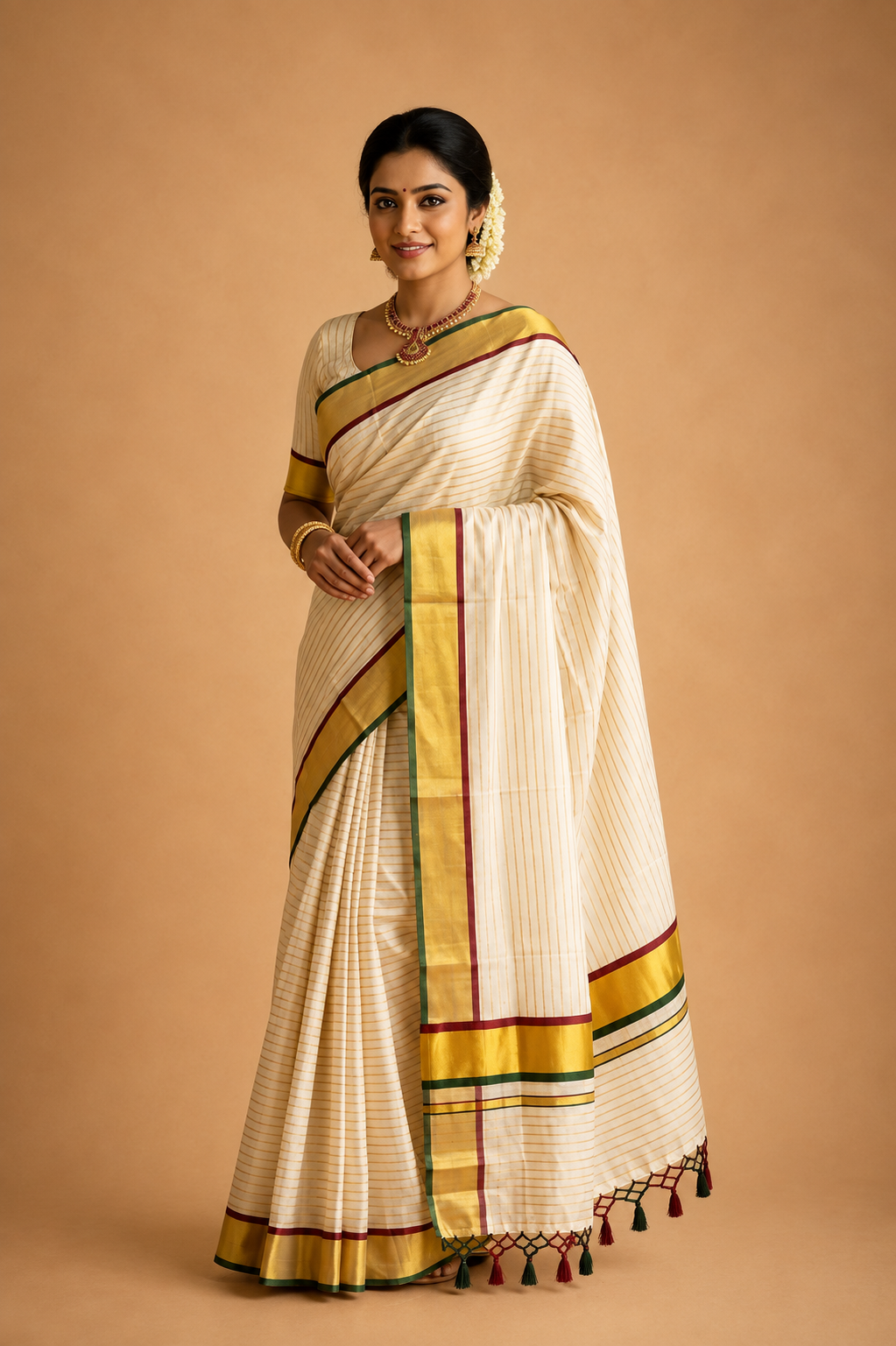 Kerala Tissue Kasavu Saree – Maroon & Green Border