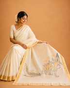 Mangalam (മംഗളം) – Hand-Painted Kerala Kasavu Saree
