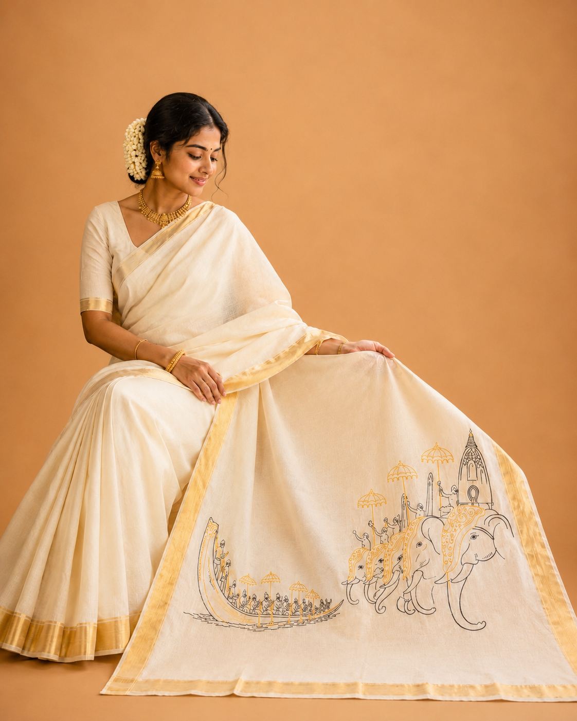 Mangalam (മംഗളം) – Hand-Painted Kerala Kasavu Saree