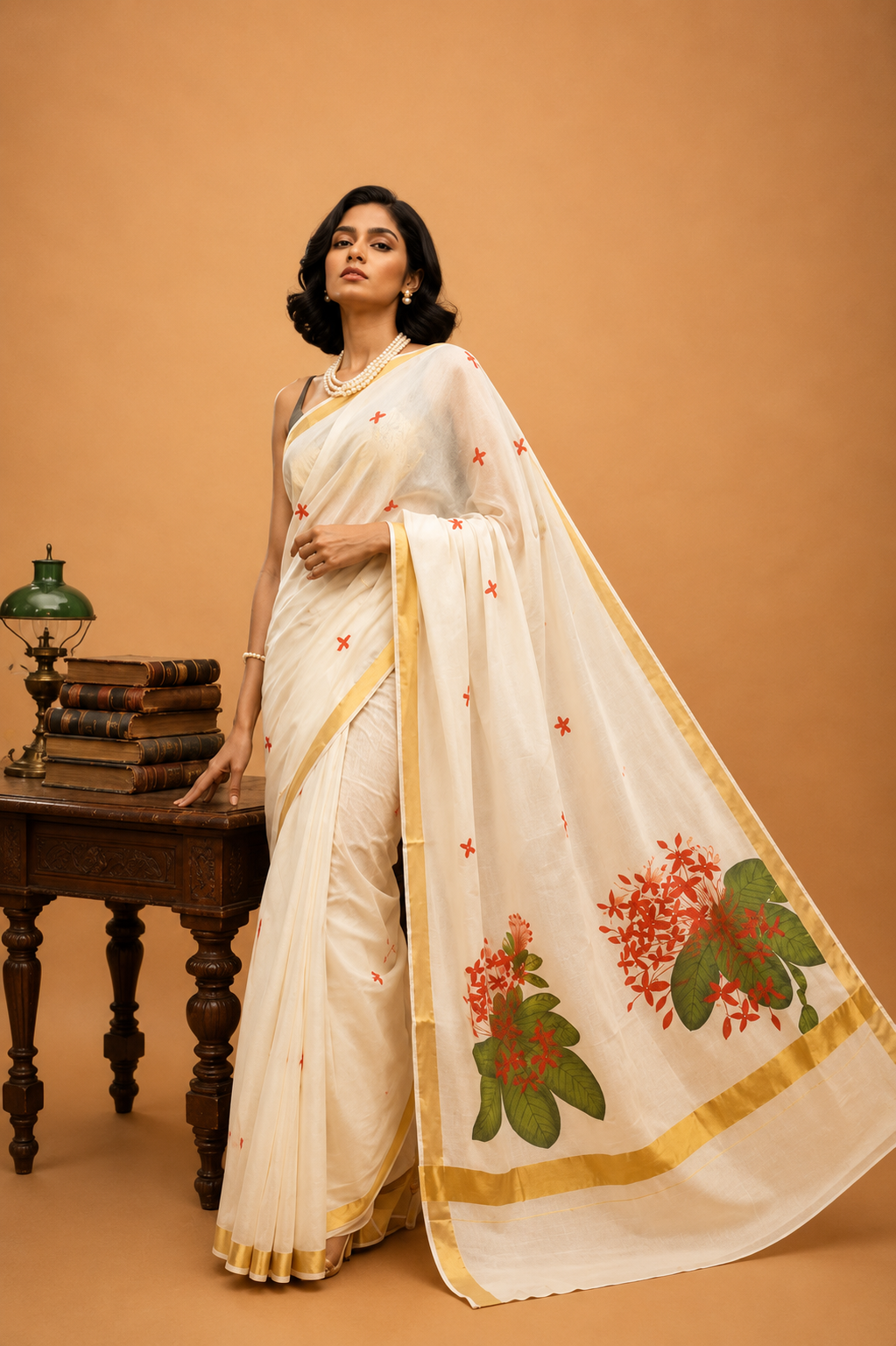 തെച്ചി (Thechi) - Hand Painted Kerala Kasavu Saree