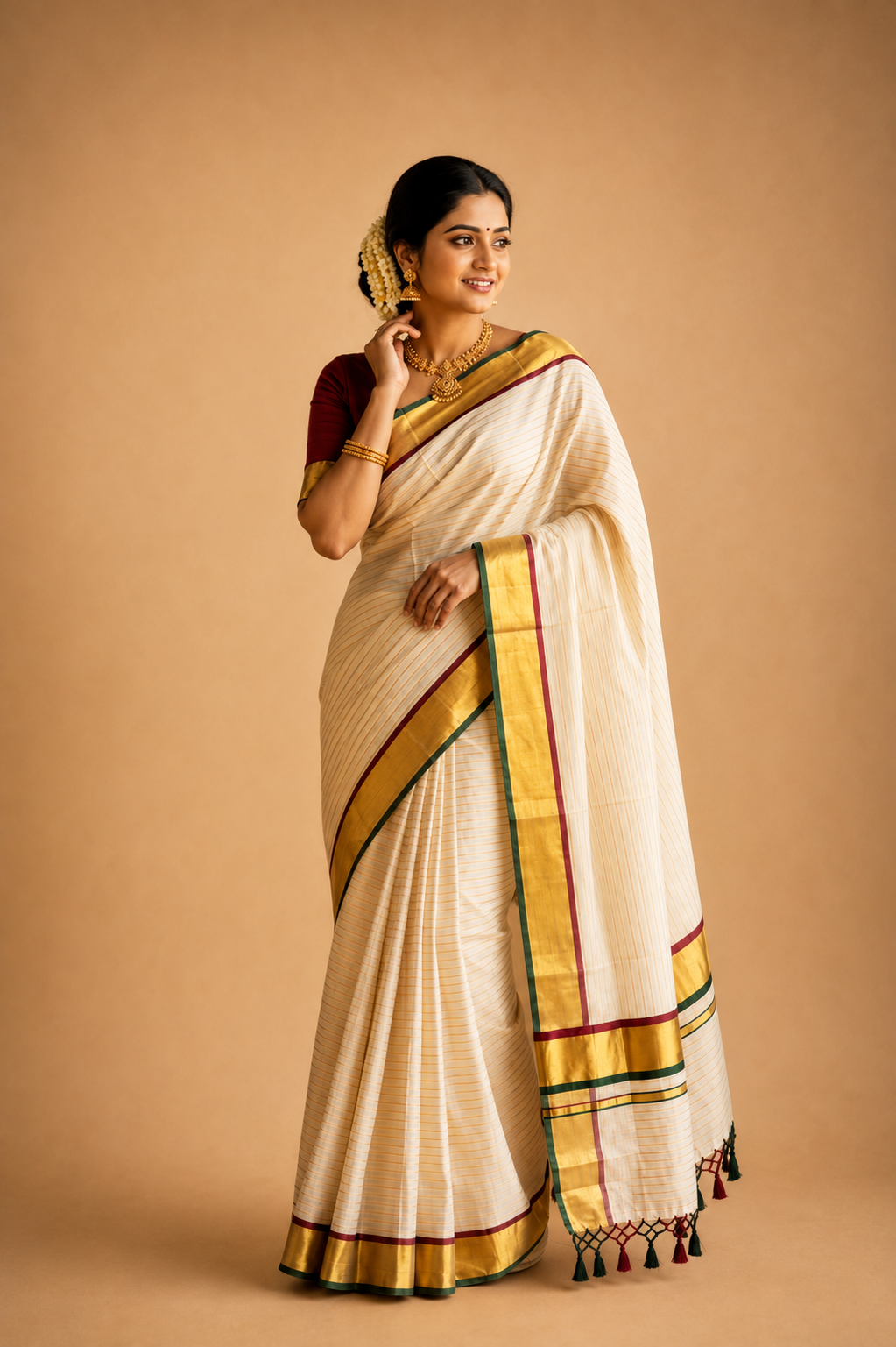Kerala Tissue Kasavu Saree – Maroon & Green Border