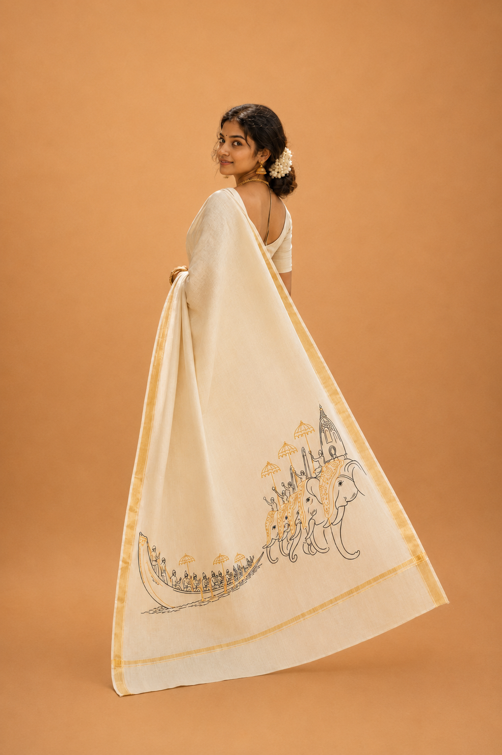 Mangalam (മംഗളം) – Hand-Painted Kerala Kasavu Saree