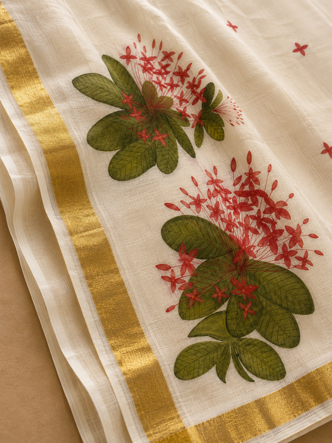 തെച്ചി (Thechi) - Hand Painted Kerala Kasavu Saree