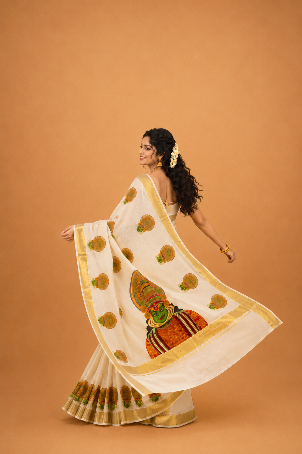 Kathakali കഥകളി Printed Kasavu Saree