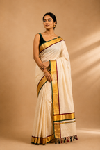 Kerala Tissue Kasavu Saree – Maroon & Green Border