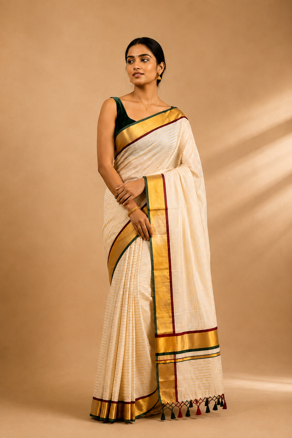 Kerala Tissue Kasavu Saree – Maroon & Green Border